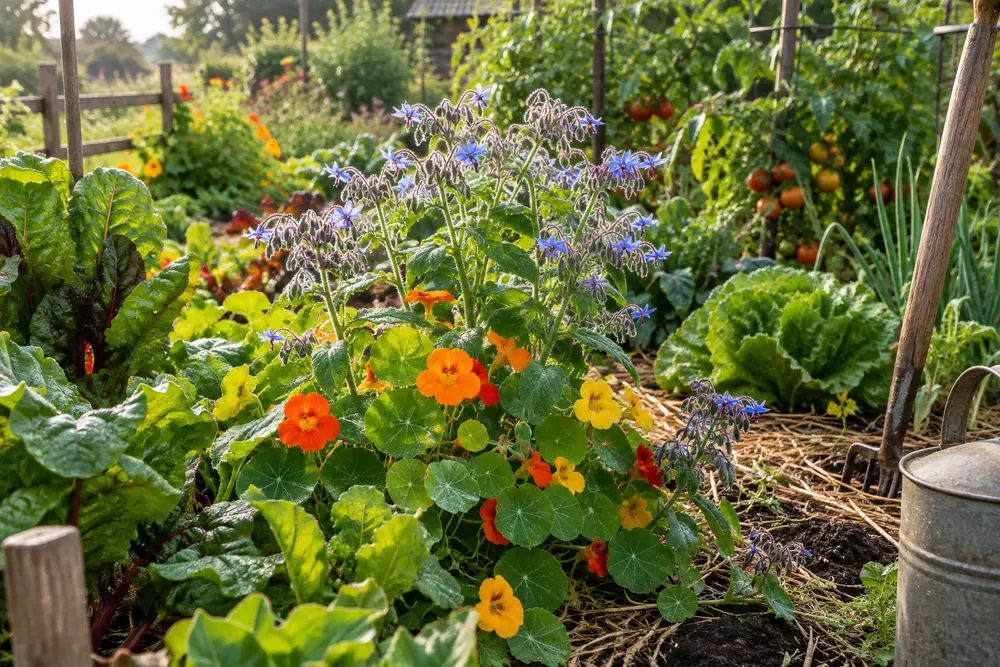 Association de légumes : capucines et bourrache en fleurs au milieu des légumes du potager