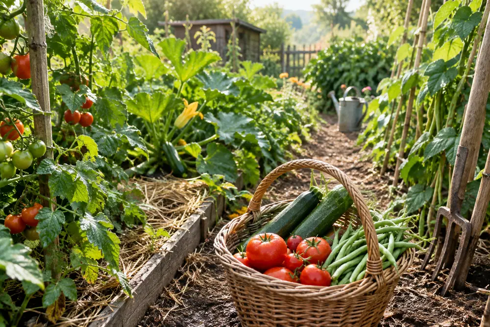 Calendrier du potager : panier de récoltes d'été, tomates, courgettes et haricots sur une allée du potager