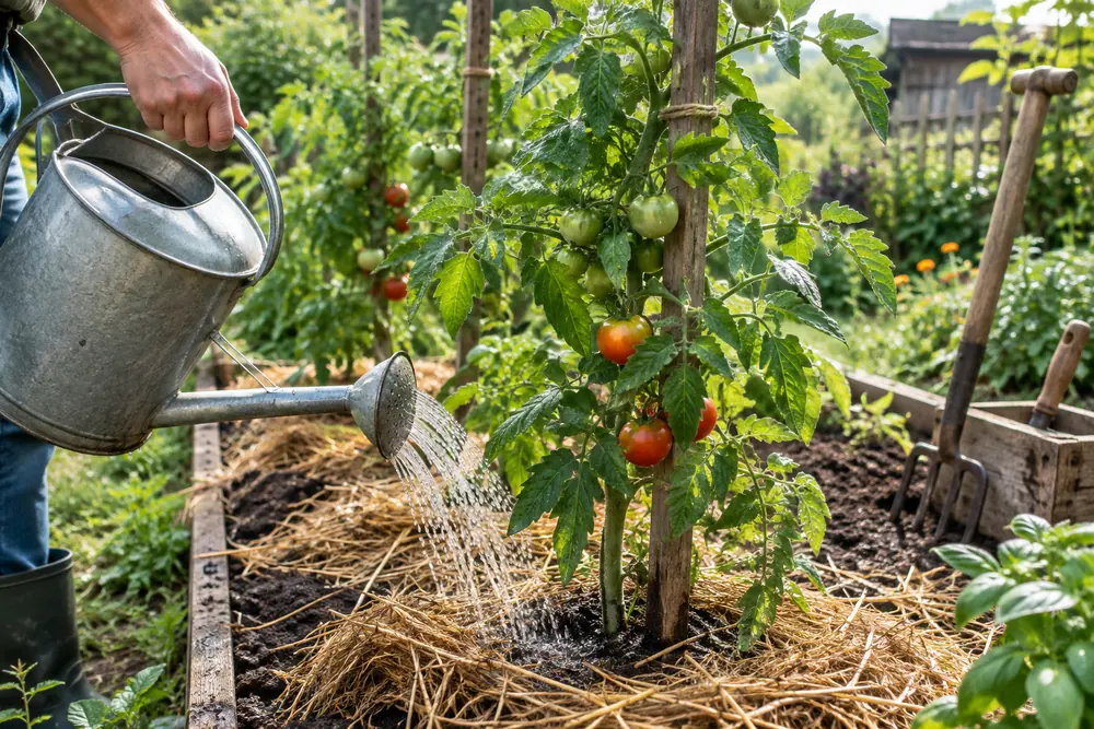 Cultiver des tomates : arrosage au pied d'un plant de tomate paillé avec un arrosoir en zinc