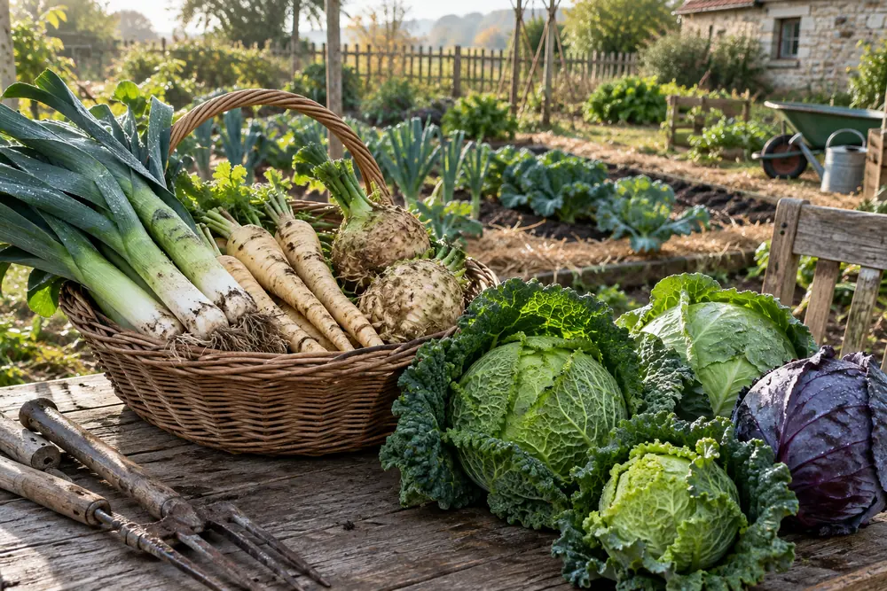 Légumes d'hiver récoltés : panier de poireaux, panais, céleri-rave et choux sur une table de jardin en bois