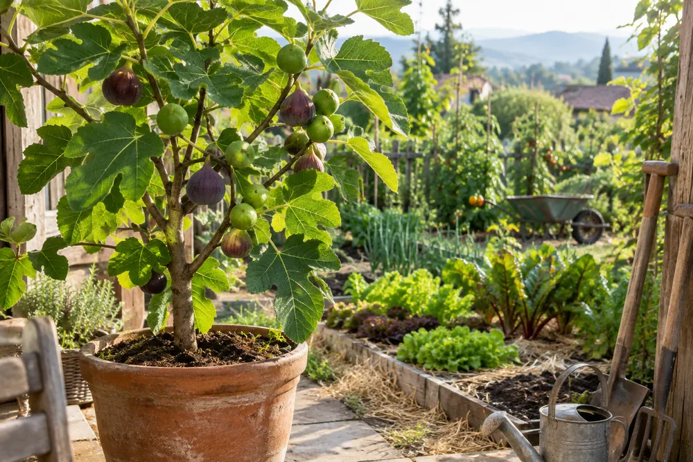 Figuier en pot sur une terrasse ensoleillée avec des figues vertes et violettes