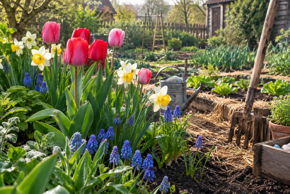 Bulbes de printemps en fleurs : tulipes, narcisses et muscaris dans un massif de jardin au printemps