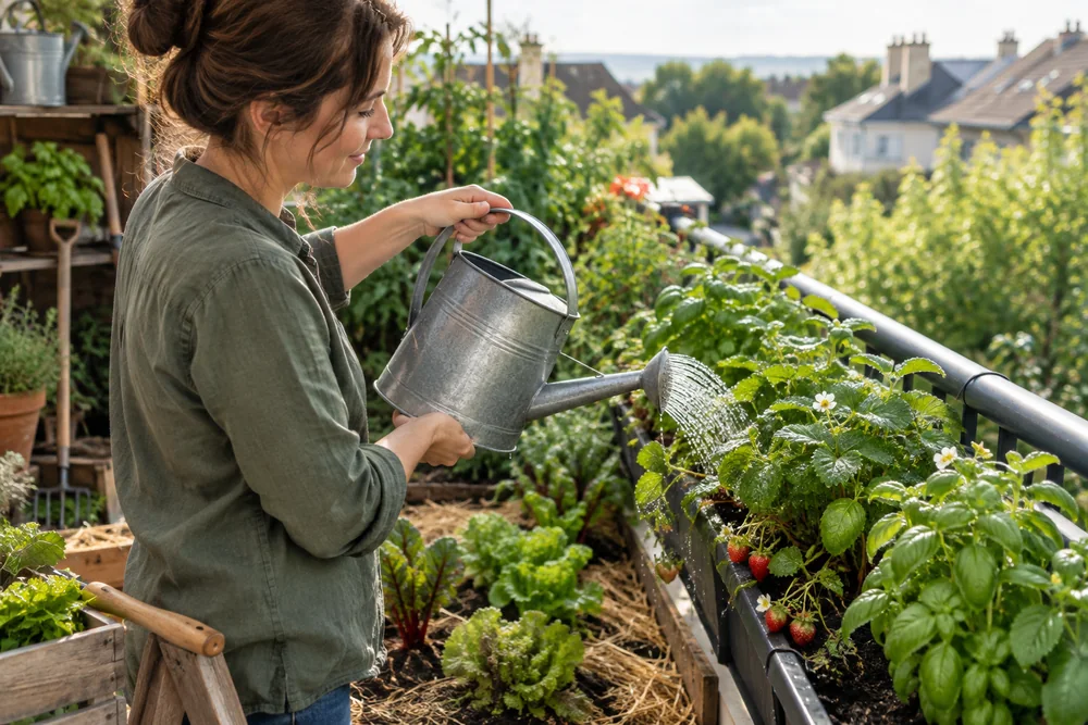 Potager sur balcon : arrosage de jardinières de fraisiers et de basilic sur la rambarde d'un balcon