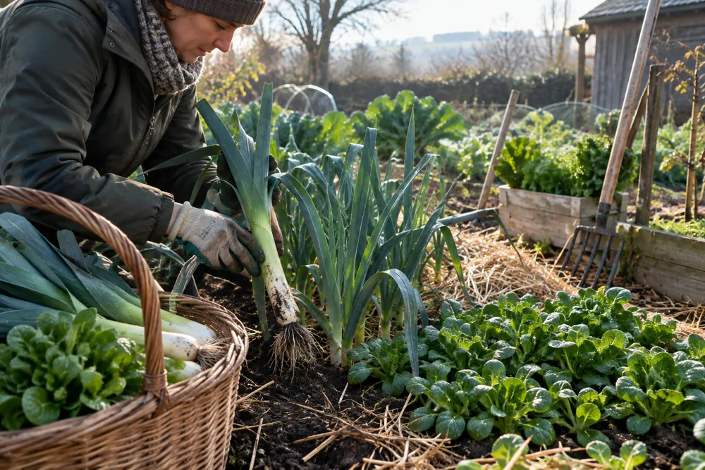 Que planter en décembre : récolte de poireaux et de mâche dans un potager d'hiver par une journée claire