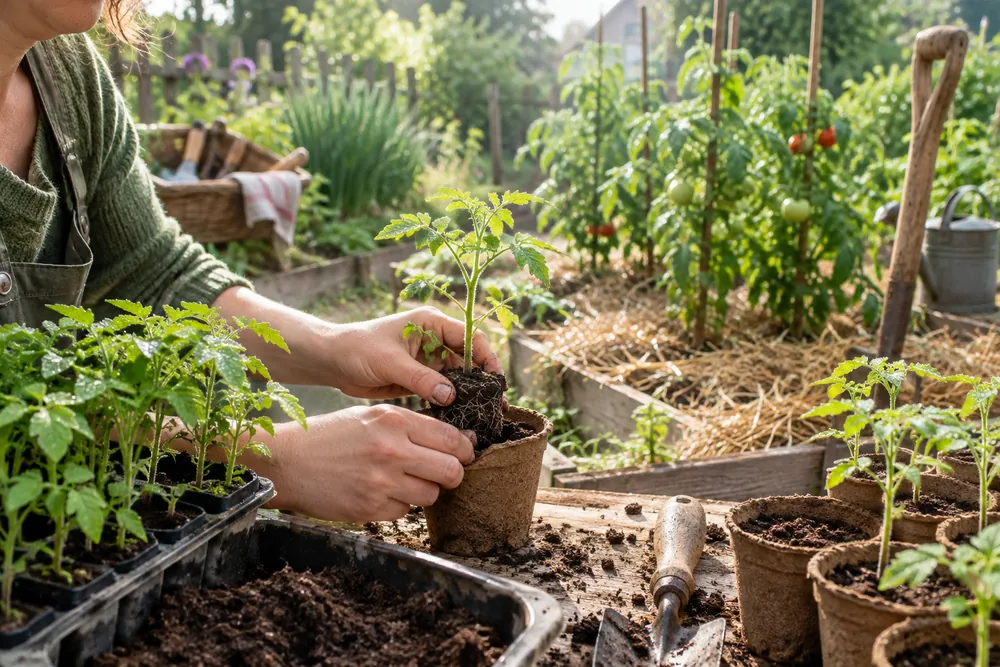 Semis de tomates : repiquage d'un jeune plant de tomate dans un godet de terreau, mains délicates