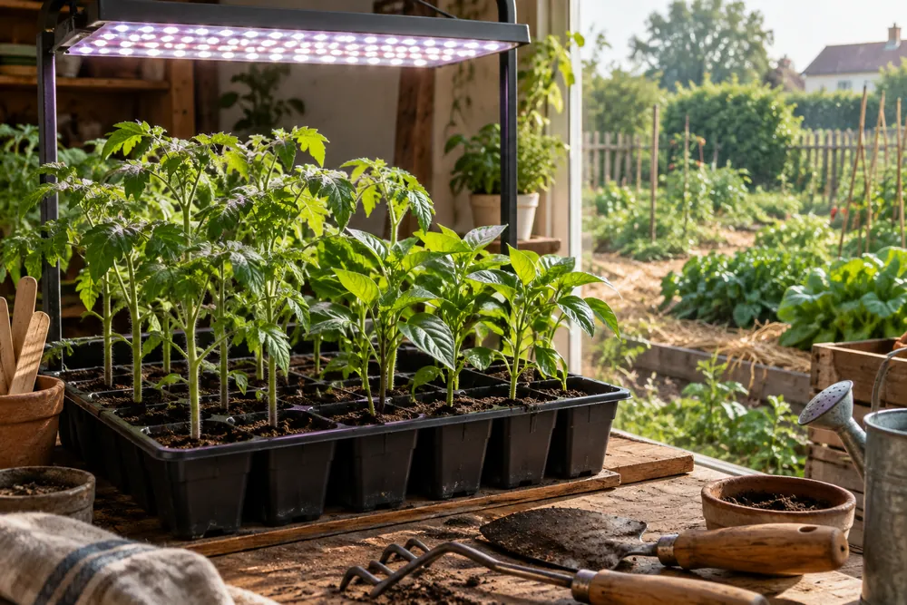 Semis en intérieur : jeunes plants de tomates et poivrons sous une lampe horticole LED dans une pièce, plateau de godets
