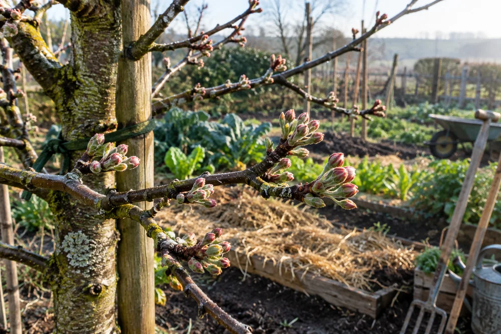 Taille du pommier : gros plan sur des lambourdes et boutons à fruits sur une branche de pommier en hiver