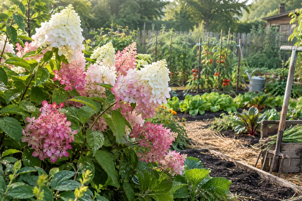 Hortensia paniculé en pleine floraison blanche et rose dans un massif de jardin familial