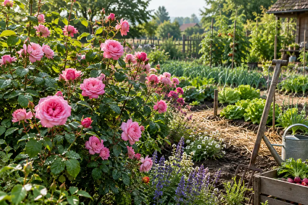 Rosier buisson en pleine floraison rose en juin après une bonne taille : massif fleuri au jardin