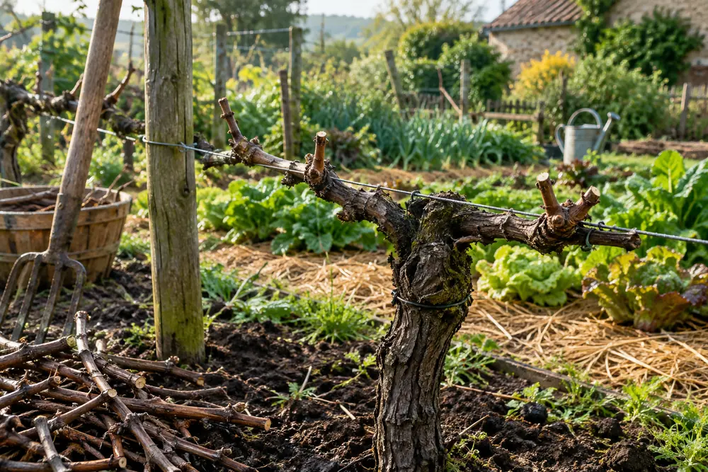 Taille de la vigne : coursons à deux yeux bien visibles sur un vieux cep palissé sur fil, sarments coupés au sol
