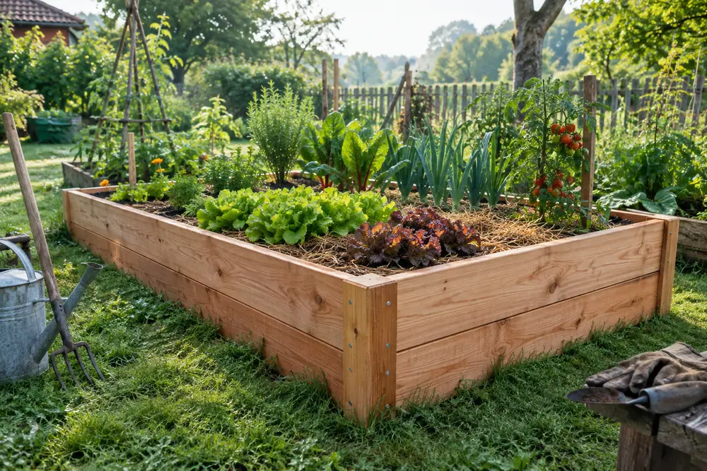 Fabriquer un carré potager en bois : planches de douglas assemblées avec une visseuse et des tasseaux d'angle sur la pelouse