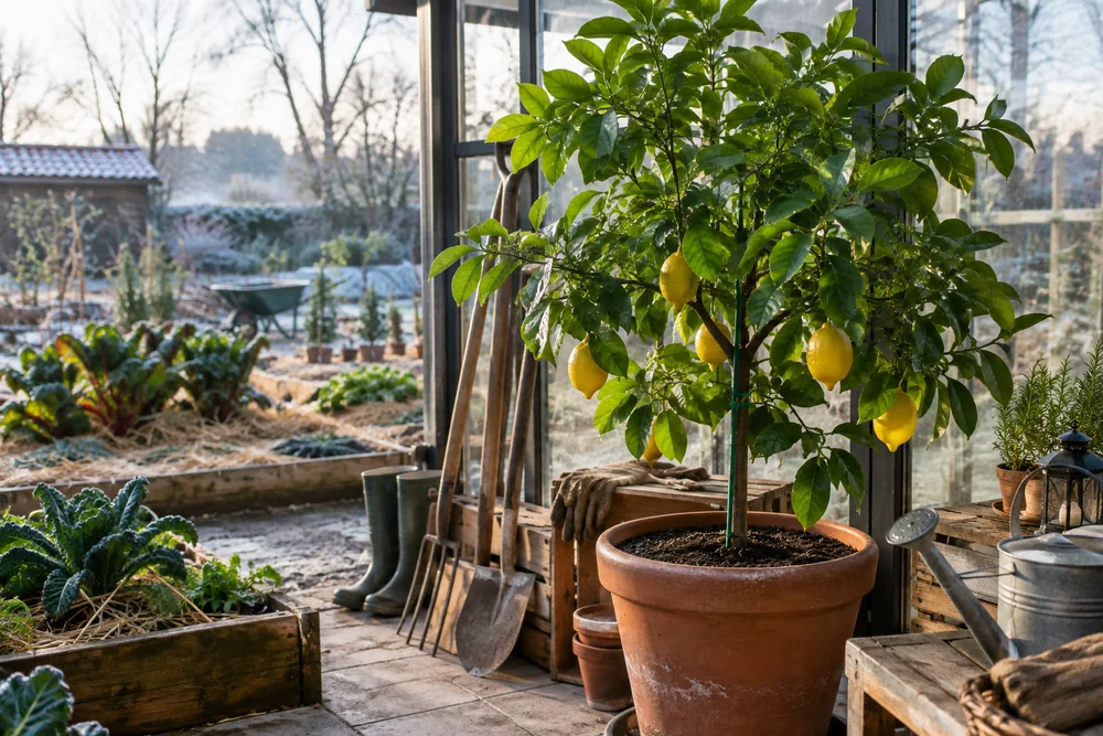 Hiverner un citronnier en pot : citronnier rentré près d'une baie vitrée lumineuse dans une véranda en hiver