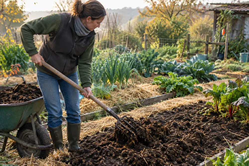 Épandre du fumier au potager : fourche étalant du fumier composté sur une planche de culture en automne