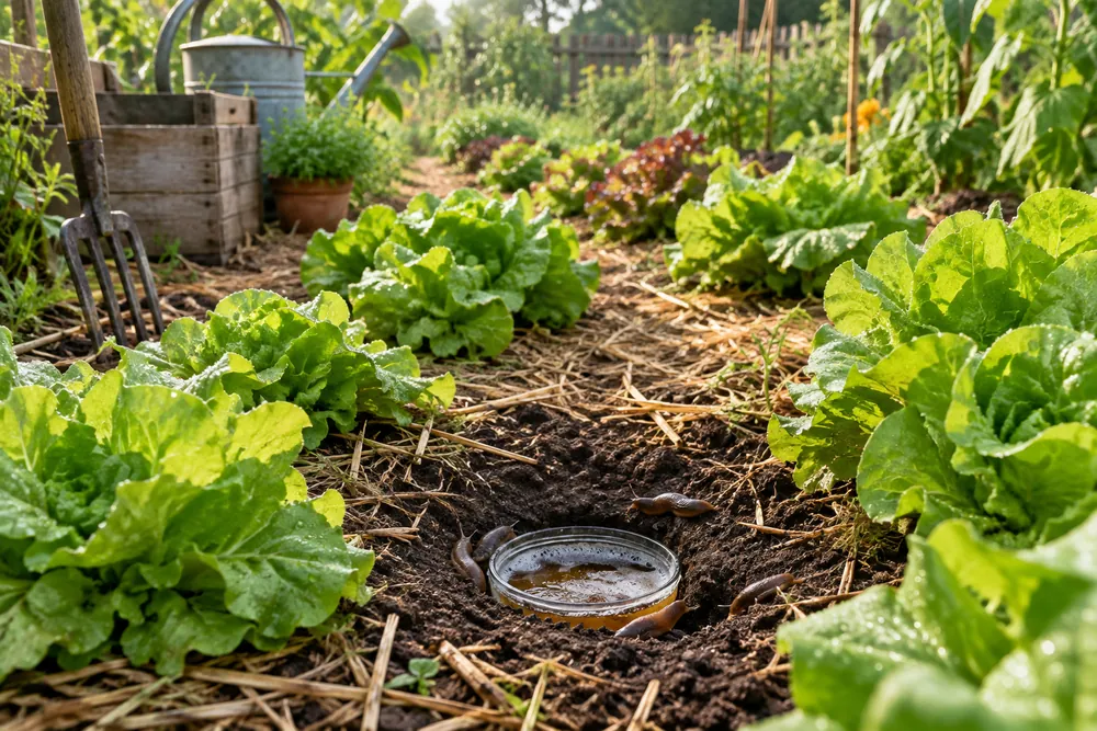 Limaces : piège à bière enterré au ras du sol entre des rangs de salades au potager