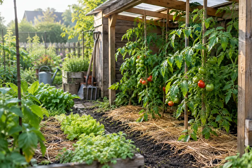Mildiou tomate : prévention : plants de tomates sous un petit abri de jardin avec paillage au pied