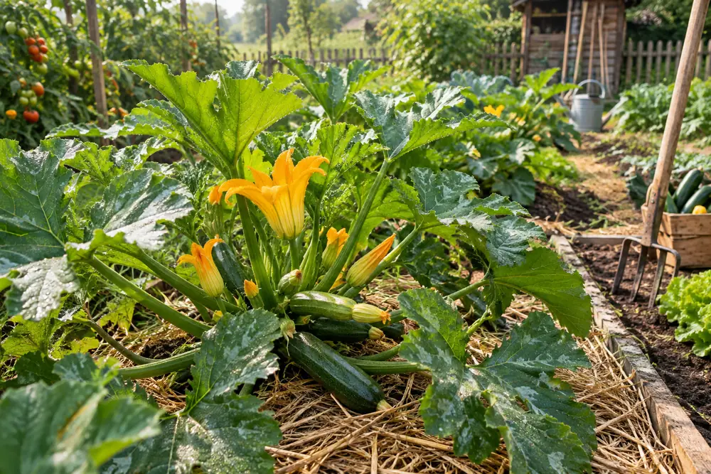 Pied de courgette vigoureux avec de grandes feuilles et des fleurs jaunes, paillage de paille au potager