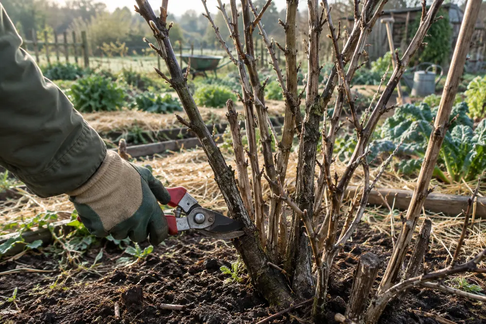 Tailler un groseillier en hiver : sécateur coupant une vieille branche à la base d'un groseillier sans feuilles