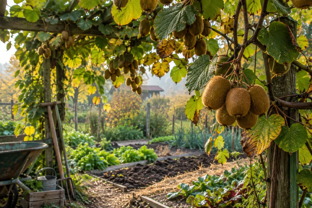 Kiwis bruns mûrs pendant sous une pergola couverte de feuillage de kiwi en automne