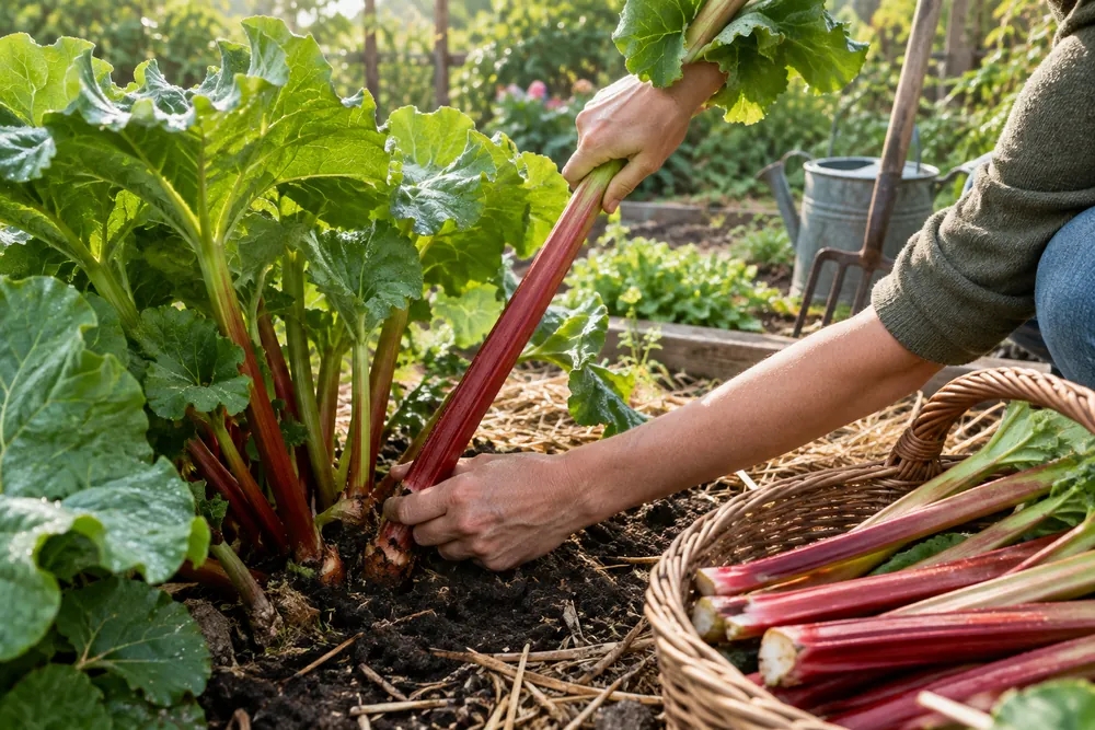 Récolter la rhubarbe : mains tirant une tige rouge à la base de la souche, tiges récoltées posées dans un panier