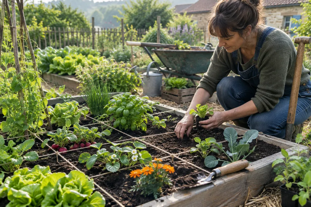 Potager en carré : quadrillage en ficelle sur un carré en bois avec une culture différente dans chaque case