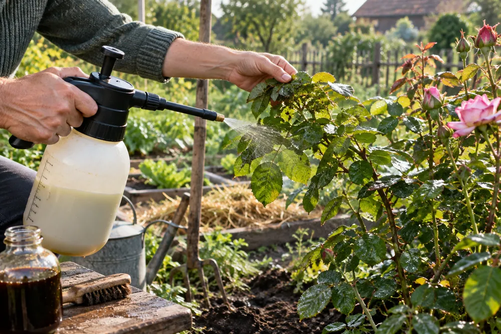 Savon noir contre les pucerons : pulvérisateur de jardin qui asperge le dessous des feuilles d'un rosier