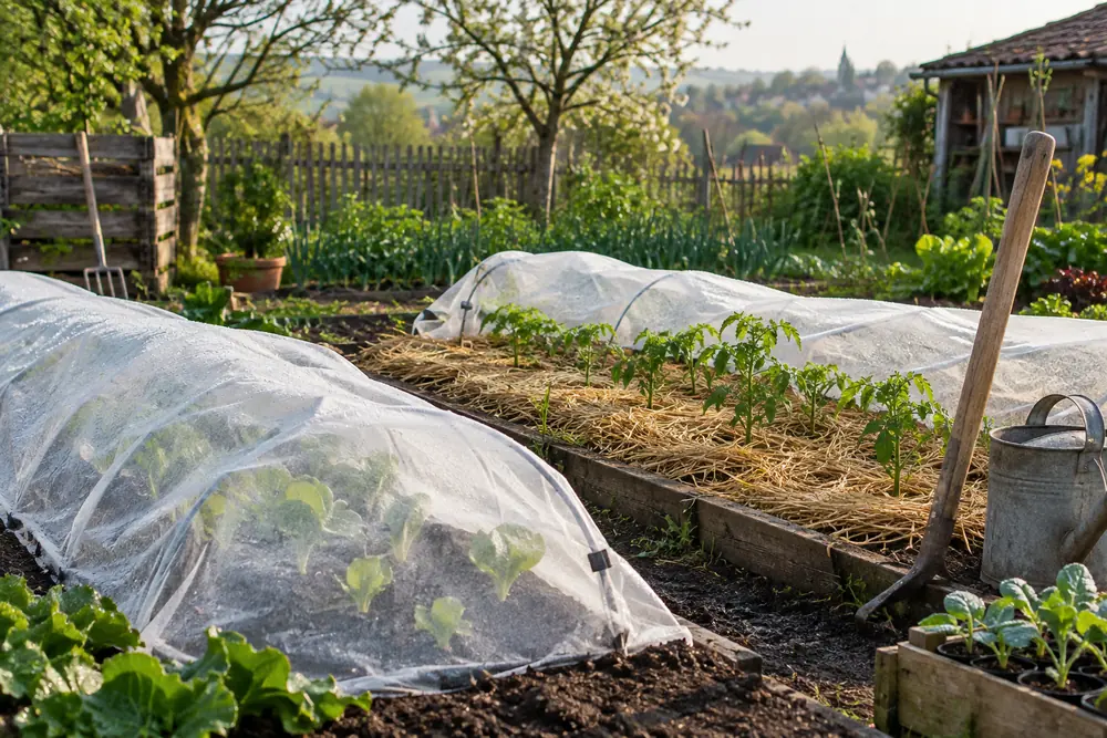 Potager en avril : jeunes plants de légumes protégés par un voile léger un matin frais de printemps