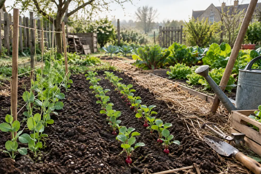 Potager en mars : semis en pleine terre de petits pois et radis en rangs, terre fraîchement travaillée et outils posés