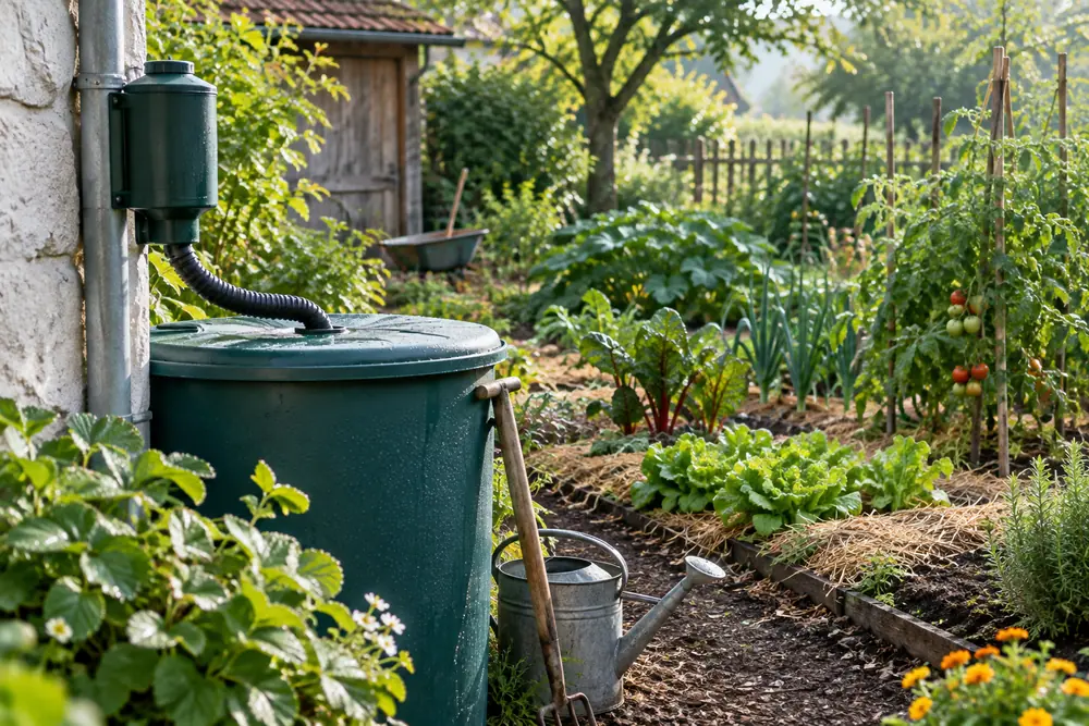 Collecteur d'eau de pluie installé sur une descente de gouttière avec tuyau vers une cuve au jardin