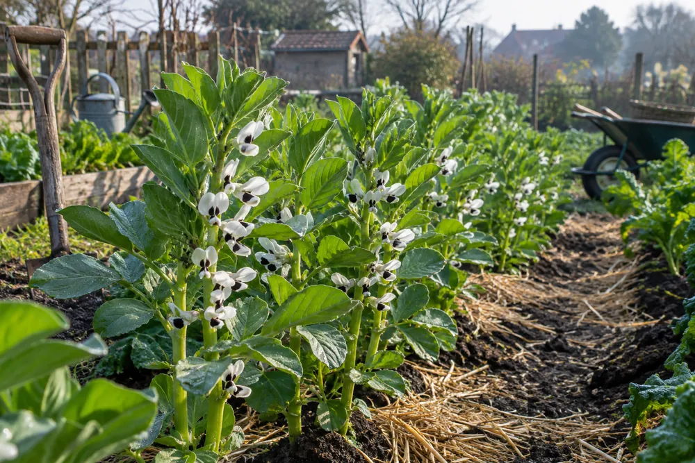 Rangs de jeunes plants de fèves en fleurs blanches et noires au potager en fin d'hiver