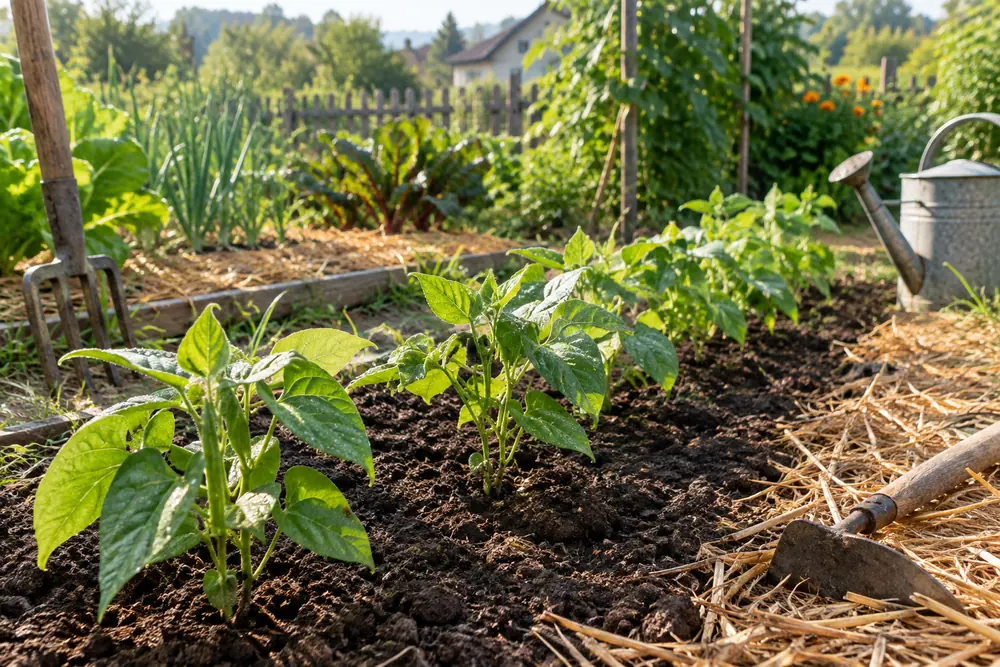Jeunes plants de haricots verts nains en ligne dans un potager ensoleillé, terre binée