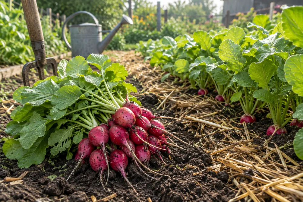 Botte de radis roses de 18 jours fraîchement arrachés posée sur la terre à côté d'un rang de radis au potager