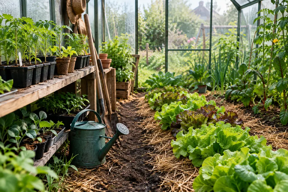 Intérieur d'une serre de jardin avec rangs de salades, jeunes plants en godets sur une étagère et arrosoir