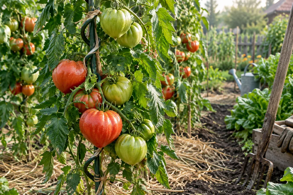 Plant de tomate cœur de bœuf solidement attaché à un tuteur en spirale, grappes de gros fruits verts et rouges