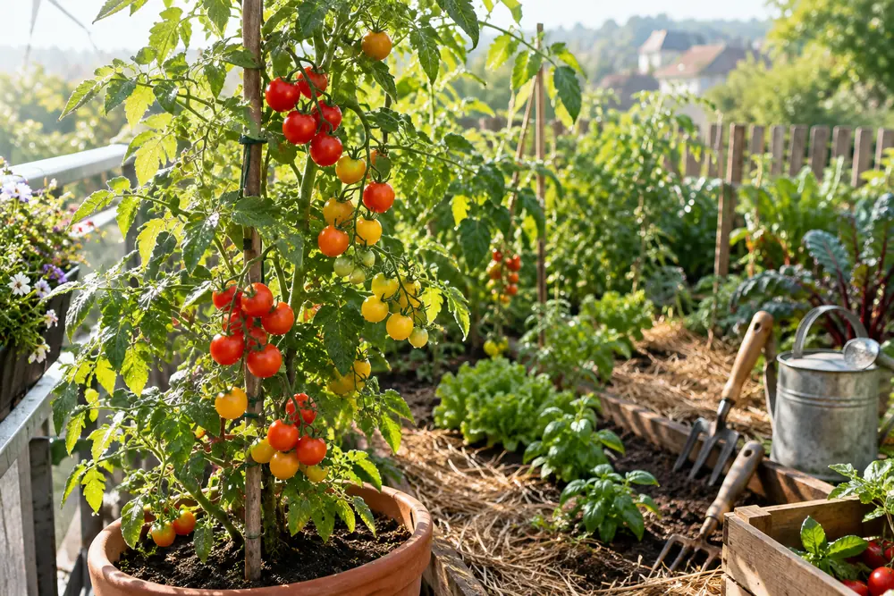 Tomate cerise en pot sur un balcon ensoleillé : plant tuteuré chargé de grappes rouges et jaunes