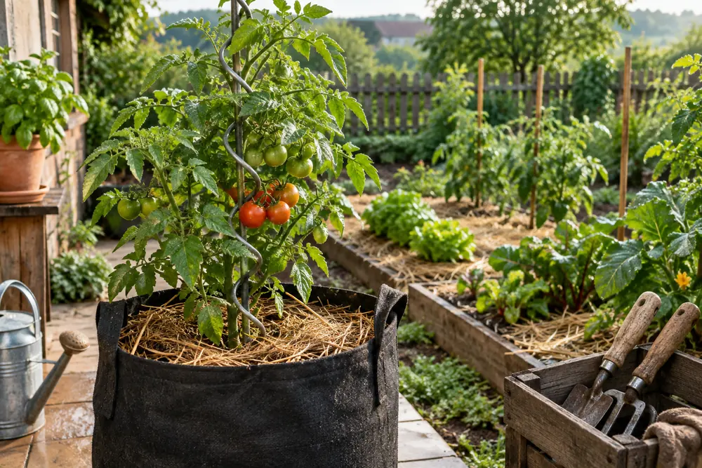 Tomate en pot sur une terrasse : grand pot en tissu géotextile avec un tuteur spirale et un paillage