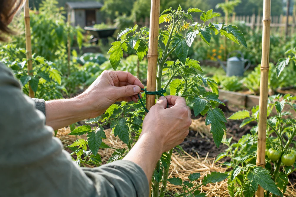 Mains attachant une tige de tomate à un tuteur en bambou avec un lien souple au potager
