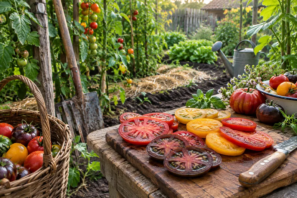 Tomates de différentes variétés coupées en tranches sur une planche en bois, chair rouge, jaune et noire